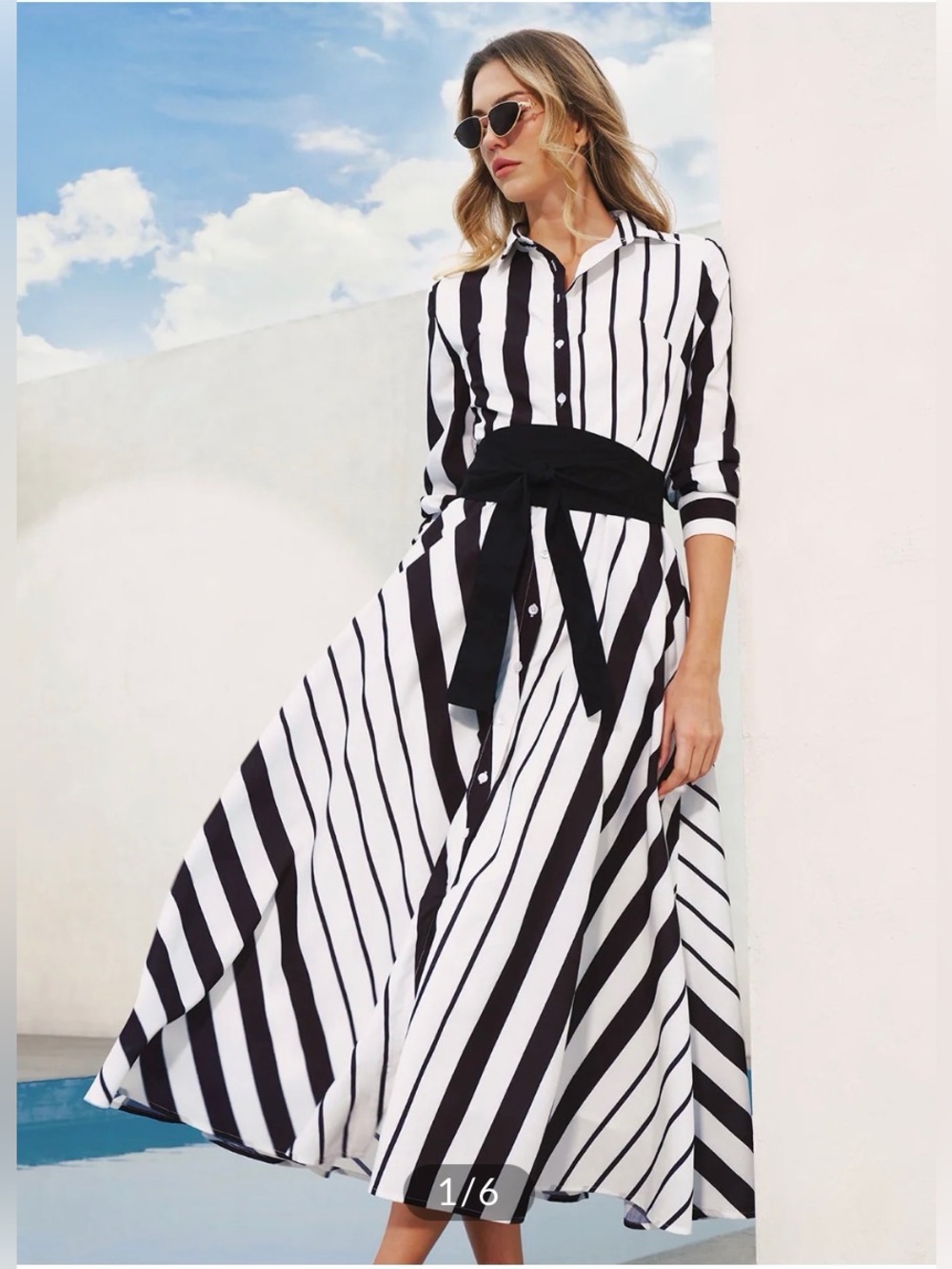 Commense Black & White Striped Maxi Shirt Dress with Waist Tie